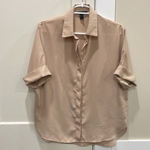 Camel silky Wear to work dressy collar shirt S button down high low oversized